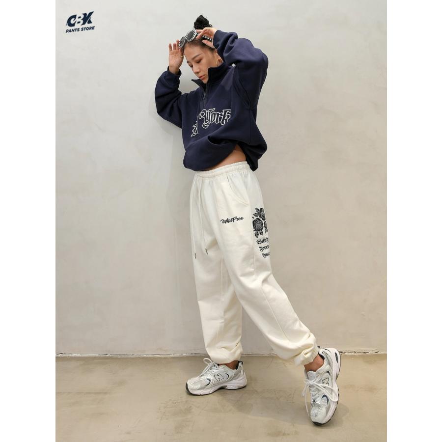 スウェットパンツ 花柄 バラ ダンス 衣装 練習着 ホワイト 白 ヒップホップ ガールズ 大人 部屋着 Hiphop ストリート 韓国 Kpop レディース 内祝い