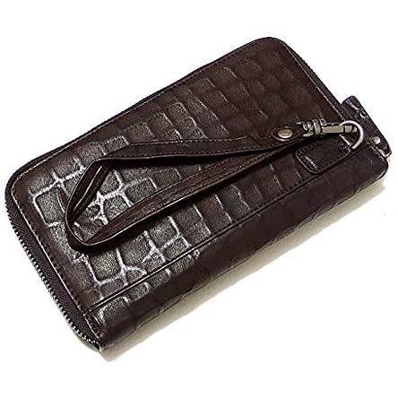 [EVERSOUL] 本革レザー クロコダイル 型押し 財布 長財布 ラウンドファスナー メンズ カード入れ (ブラウン Free Size)