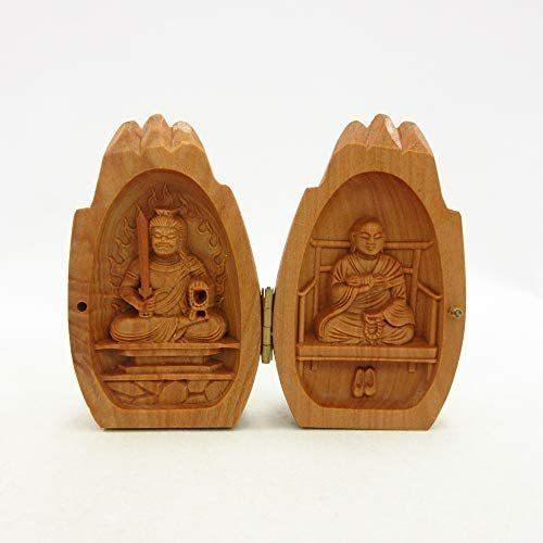 栗田木彫仏像ブランド 守り本尊 合掌仏（不動明王・弘法大師）守り本尊 酉年（総高8.5cm、幅5cm、奥行き5cm）紅檀製高級木彫り 17318