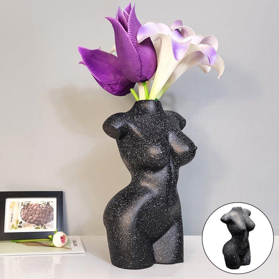 見事な創造力 女性の体の花瓶樹脂フラワーポット女性の彫像デスクトップ飾りの装飾黒19x15x30.5cm 花瓶台、フラワースタンド