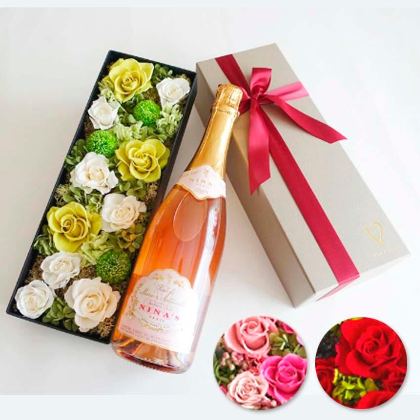 最適な材料 ワインとフラワーのギフトセット ロゼ ド マリー アントワネット スパークリング シャンパン プリザーブドフラワー 選べるカラー 格安 Huongnghiepaau Edu Vn