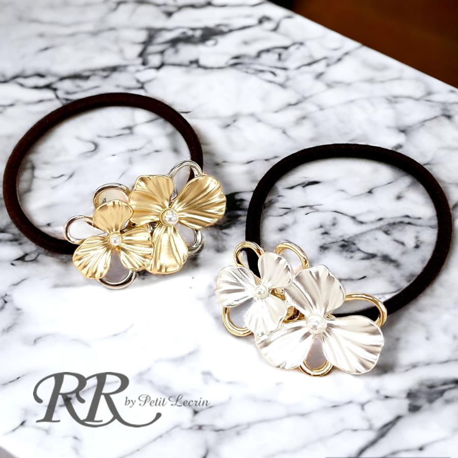 ヘアゴム おしゃれ 花 フラワー メタル アンティーク ゴールド