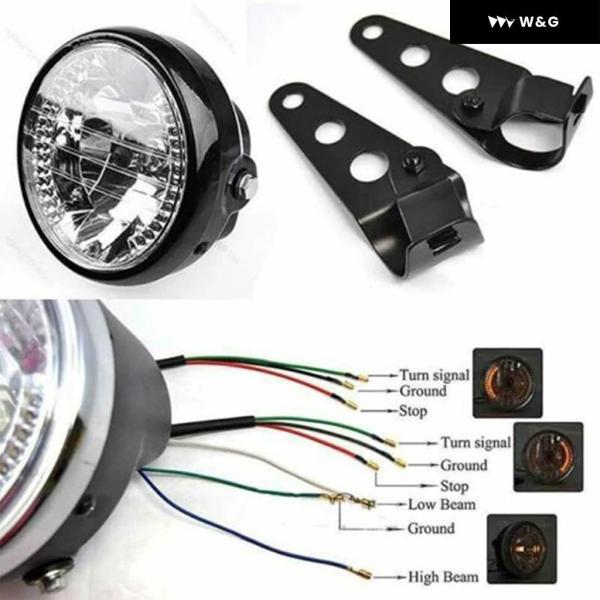 並行輸入品 オートバイ バイク 7インチクリア蓋 ヘッドライト H4 35W LED ヘッドランプ 9ワイヤー ウィンカーライト マウント ブラケット ブラックの画像