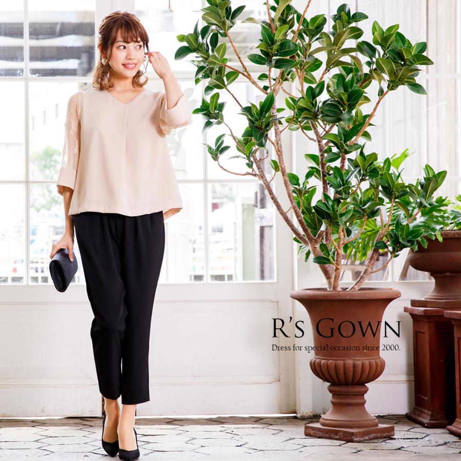 パンツドレス 結婚式 黒 レース 袖あり お呼ばれ かわいい フォーマル