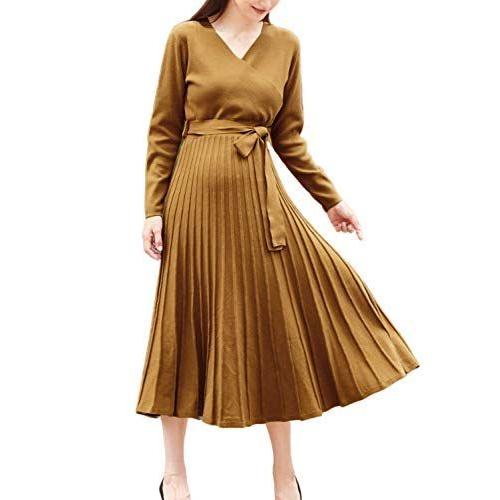 日本製 Sweet Mommy マタニティ ワンピース 授乳服 ニット プリーツ カシュクール チクチクしないしっとりニット 無地 キャメル F 日本最大級 Technet 21 Org