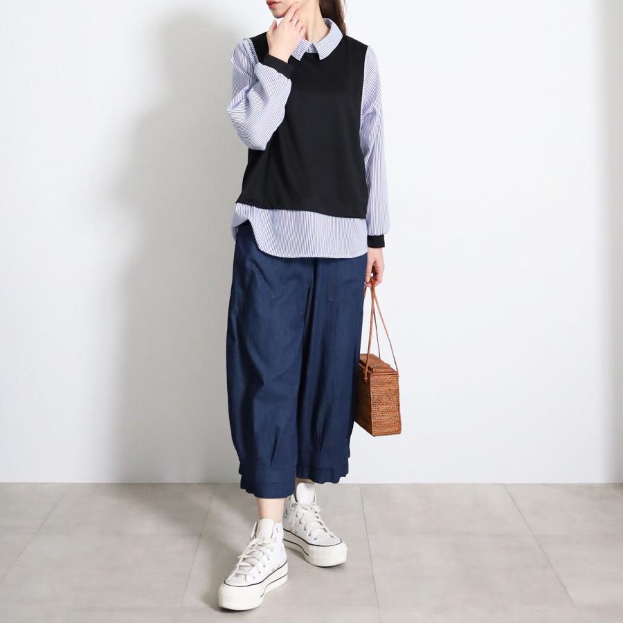 アウトレット品 チュニック 袖リブ＆衿付 ストライプシャツ切替