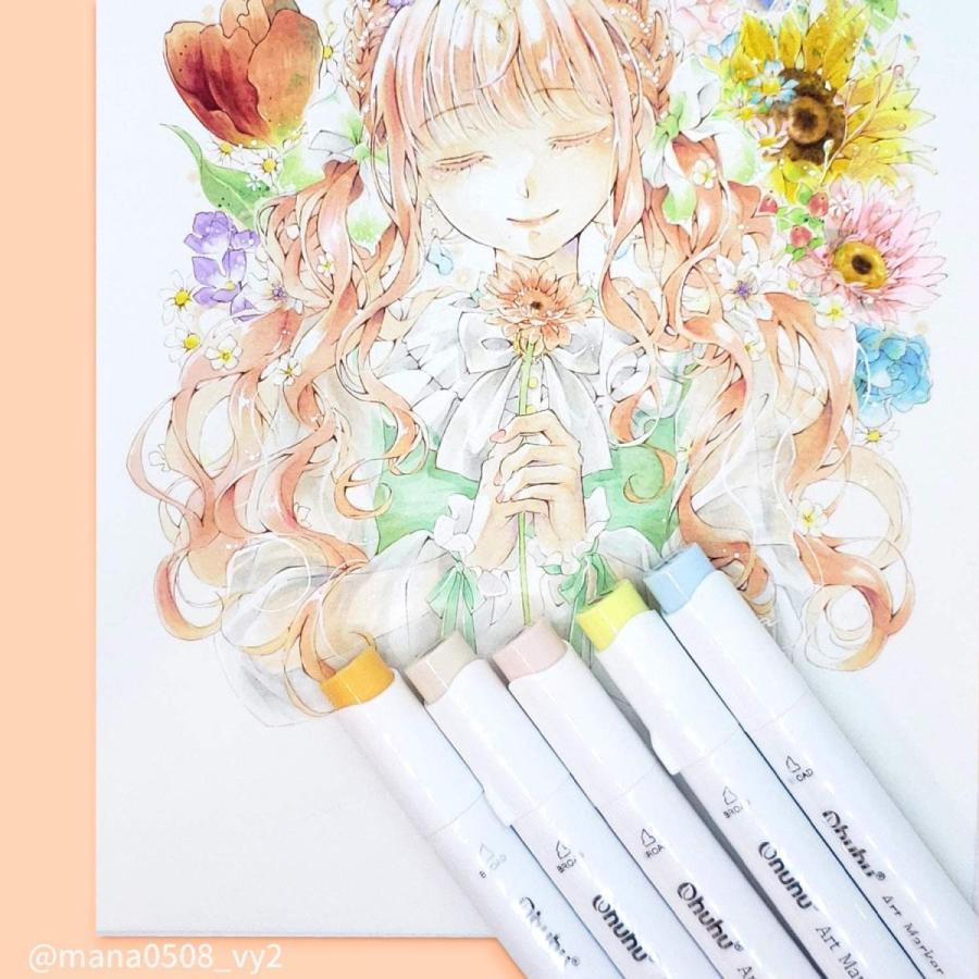 Ohuhu 薄色 80色 パステルカラー イラストマーカー マーカーペン 日本の伝統色 基本色 濃淡色 筆 太字 淡い色 ブレンダーペン付き