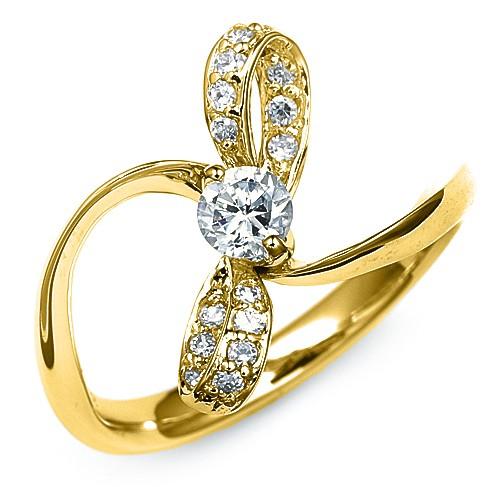 指輪 18金 イエローゴールド 天然石 リボンモチーフのサイドストーン