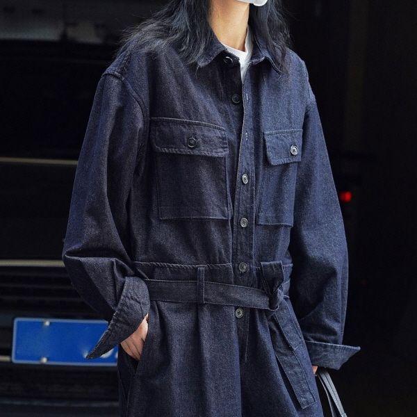 ジャンプスーツ つなぎ ワンピース デニム ウエストリボン