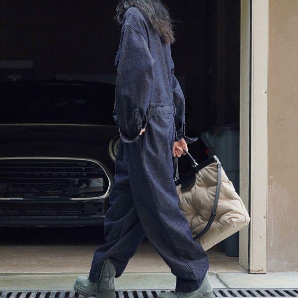 ジャンプスーツ つなぎ ワンピース デニム ウエストリボン