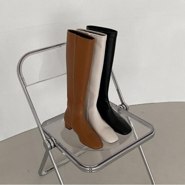 ロングブーツ ローヒール スクエアトゥ フルジッパー 履きやすい シンプル フェイク レザー