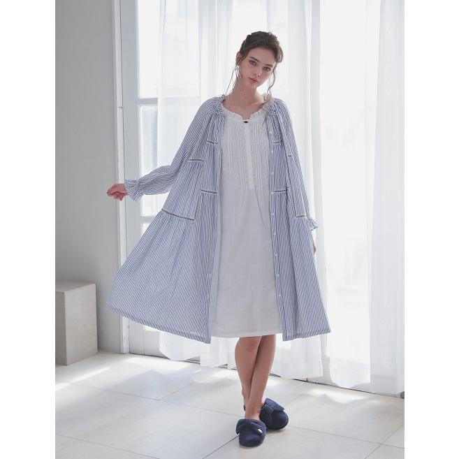 ナルエー　ワンピース　ダブルガーゼ　綿100％　前開き全開　ガウン　春夏　ネイビー　ストライプ　エレガント　ネグリジェ　マタニティ　11016 [ナルエー] ナイトガウン 50/ダブルガーゼストライプワンピース レディース