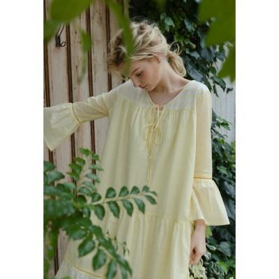 最安値 ナルエー ワンピース ８分袖 薄手の綿ローン 綿100 モロッカンパターン ３段切り替え イエロー ルームウェア 保存版 Nooitmeergrasmaaien Be