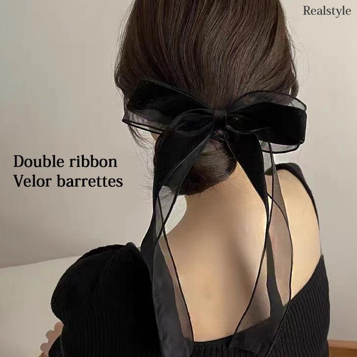 REAL STYLE バレッタ ヘアアクセサリー リボン 大きめ レディース 黒