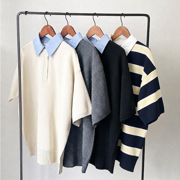 REAL STYLE ニット セーター ポロシャツ ポロニット 無地 ボーダー柄
