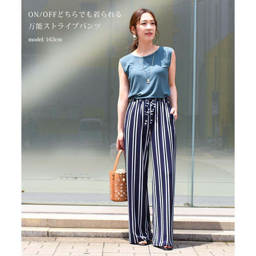 ワイドパンツ レディース 夏 春 ストライプ柄 ワイドパンツルック 50代 ウエストゴム ゆったり 体型カバー 楽ちん フルレングス 長ズボン 薄手 通勤 Ol 涼しい Wfp029 セレクトショップ Real Style 通販 Yahoo ショッピング
