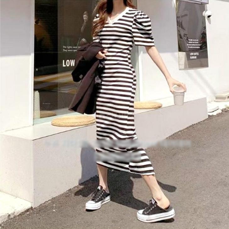 ワンピース レディース トップス 半袖 ロング丈 タイト スリム 細身 ストレッチ 伸縮性 リブ ボーダー柄 パフスリーブ 韓国 Wfs018 セレクトショップ Real Style 通販 Yahoo ショッピング