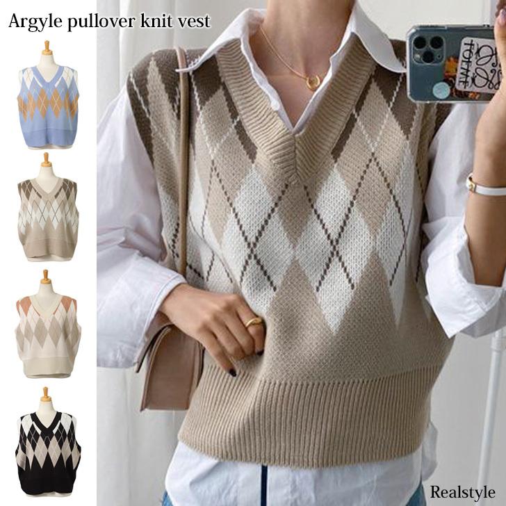 ベスト レディース 韓国 Vネック 柄 ニット おしゃれ カジュアル ゆったり ノースリーブ プルオーバー 体型カバー 重ね着 Wft セレクトショップ Real Style 通販 Yahoo ショッピング