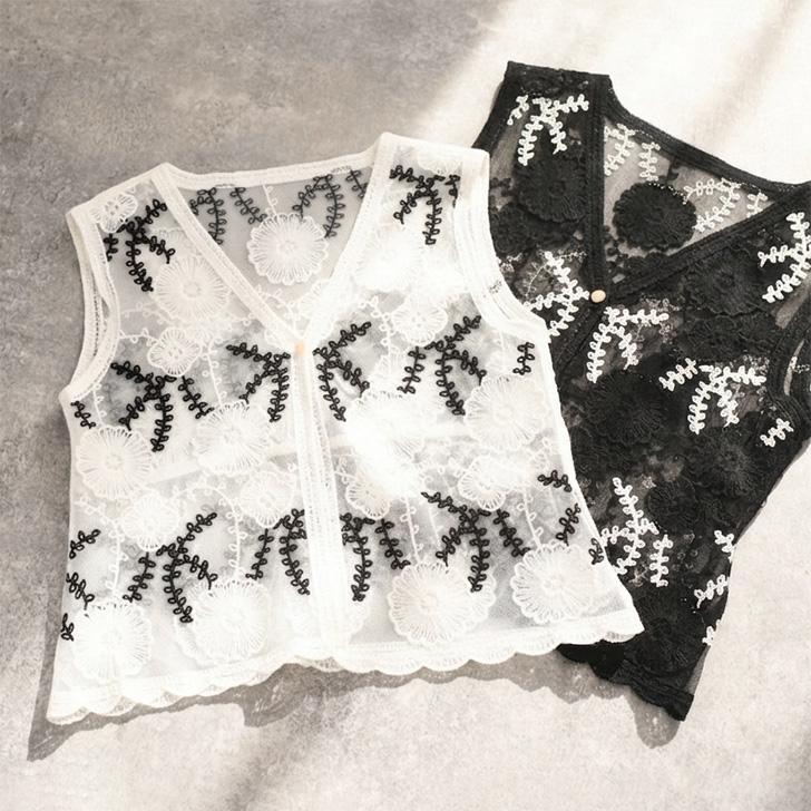 REAL STYLE ベスト ジレ レディース 春夏 秋冬 Vネック シアー 刺繍 前