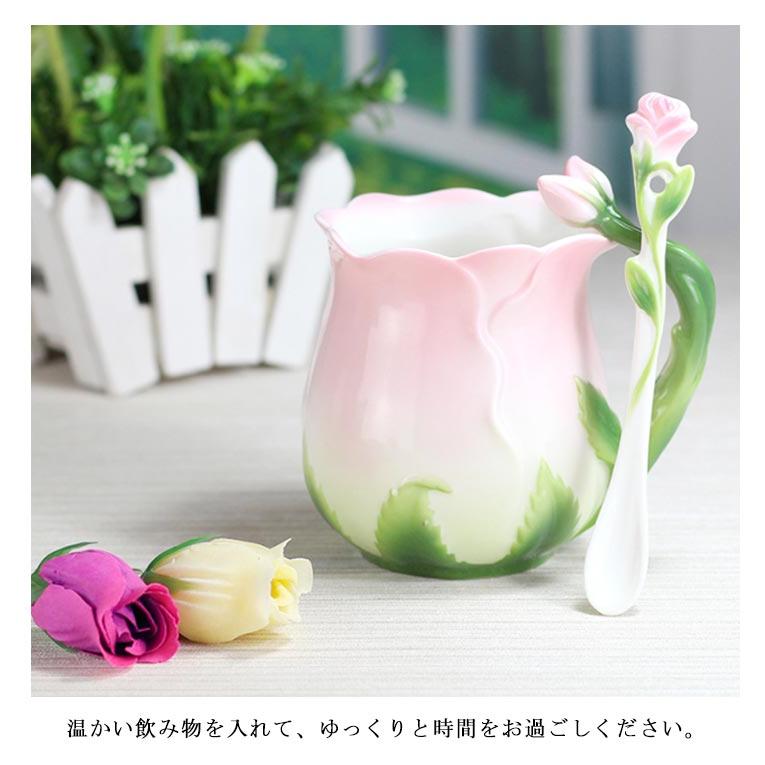 陶器 マグカップ 320ml 耐熱 花型 彫刻 ローズ 型 カップ 取手付き スプーン付き 湯呑み 花柄 花模様 華奢 セラミック ティーカップ コー｜rudeness｜15