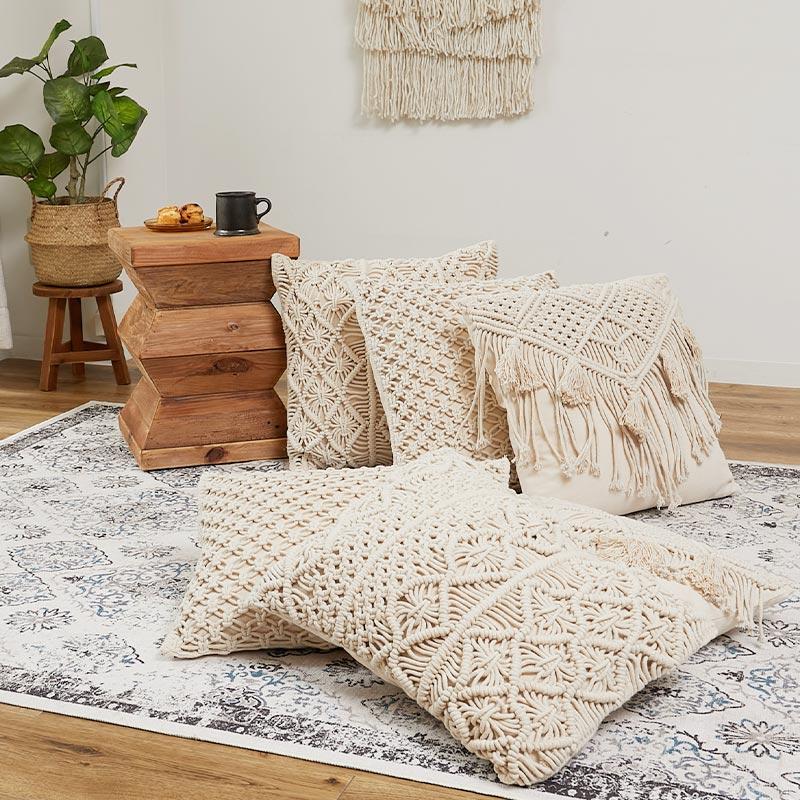 美品 マクラメ編みクリーム色ラグ　オーダーメイド グラムスタイル 在庫処分 特価 クッションカバー マクラメ 45×45 北欧