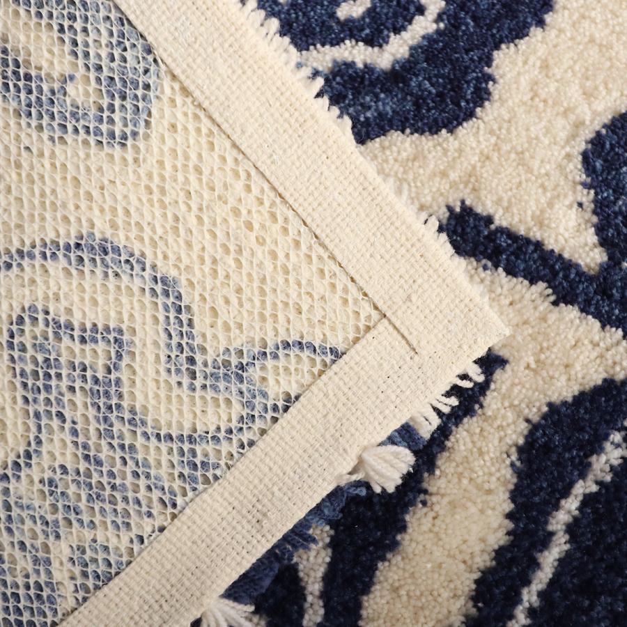 玄関マット花柄刺繍ネイビーブルーラグ