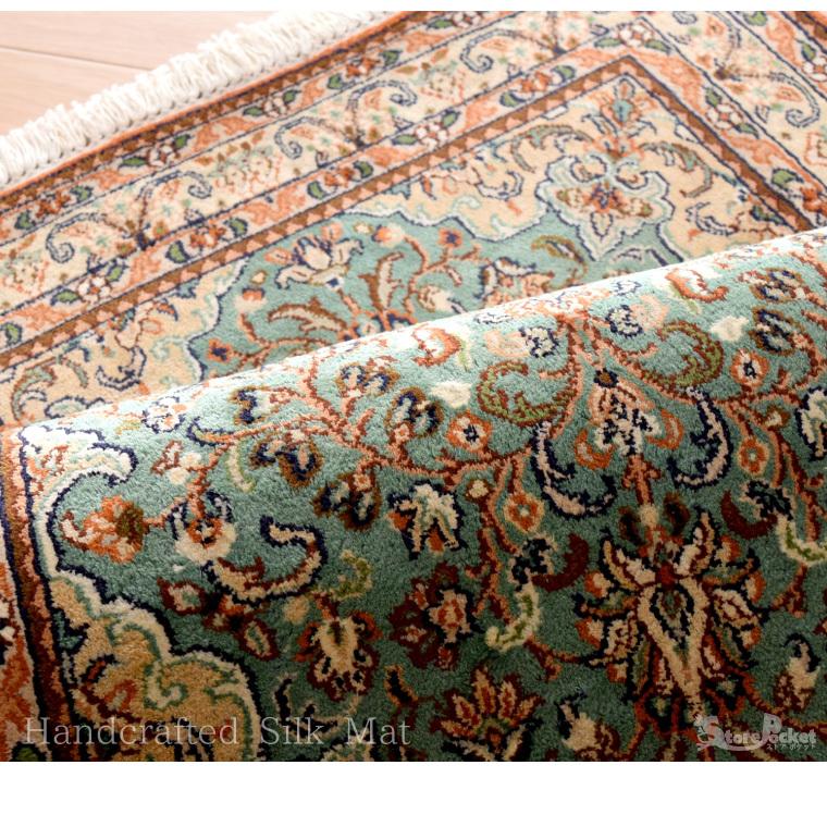 シルク段通 玄関マット おしゃれ 約66×96cm グリーン シルク 絹 シルク段通 玄関マット おしゃれ 約66×96cm グリーン シルク 絹