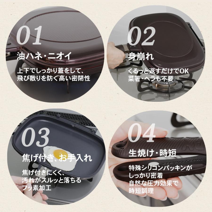 公式 ハッピークッカー グルメパン 直火用 ガス火 両面フライパン 両面焼き  魚焼きグリル 魚焼き器 グリルパン 時短調理 レシピ本+シリコンパッキン×2個付き |  | 05