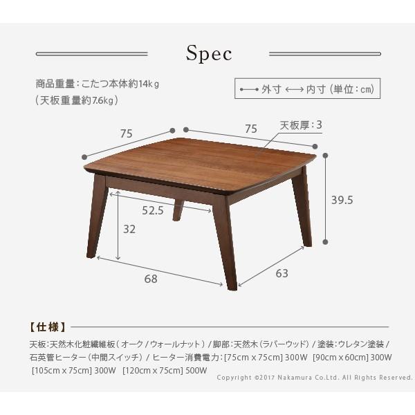 こたつテーブル こたつ おしゃれ 一人用 正方形 北欧 75x75cm