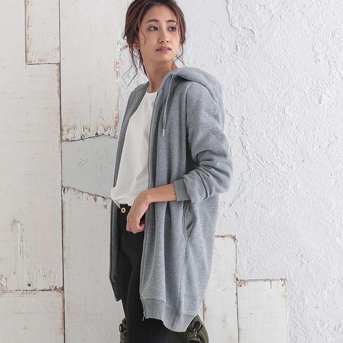 現行　ババグーリ　ロングジップフーディ　パーカー　カーディガン　羽織り　グレー aquagarage（アクアガレージ） 裏起毛 ファスナー パーカー あったか