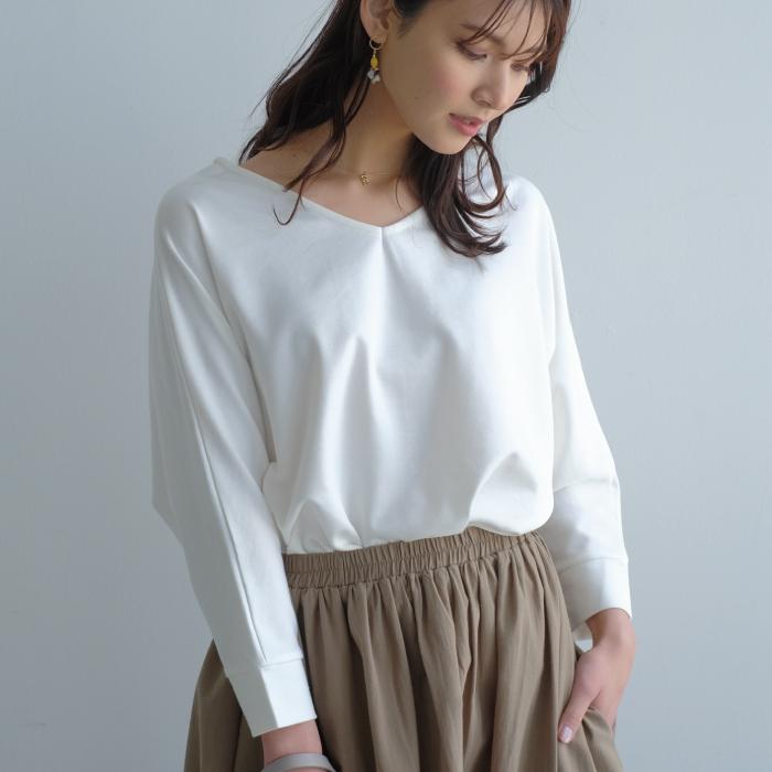 トップス カットソー レディース ポンチ素材 Vネック ドルマン プル