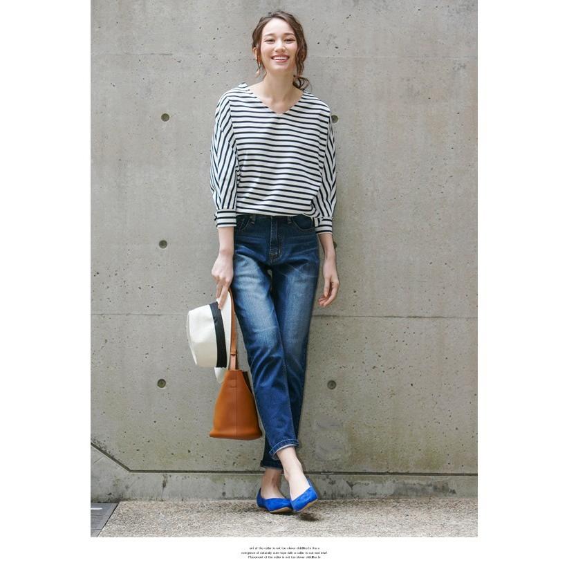 トップス カットソー レディース ポンチ素材 Vネック ドルマン プルオーバー ブラック ホワイト グレー ネイビー ボーダー M L |  | 24