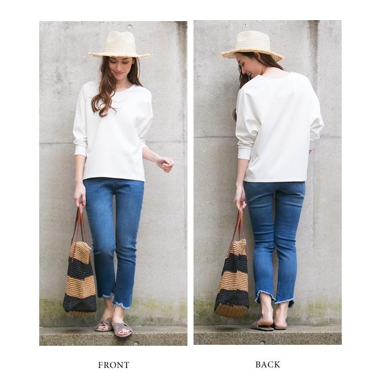 トップス カットソー レディース ポンチ素材 Vネック ドルマン プルオーバー ブラック ホワイト グレー ネイビー ボーダー M L |  | 18