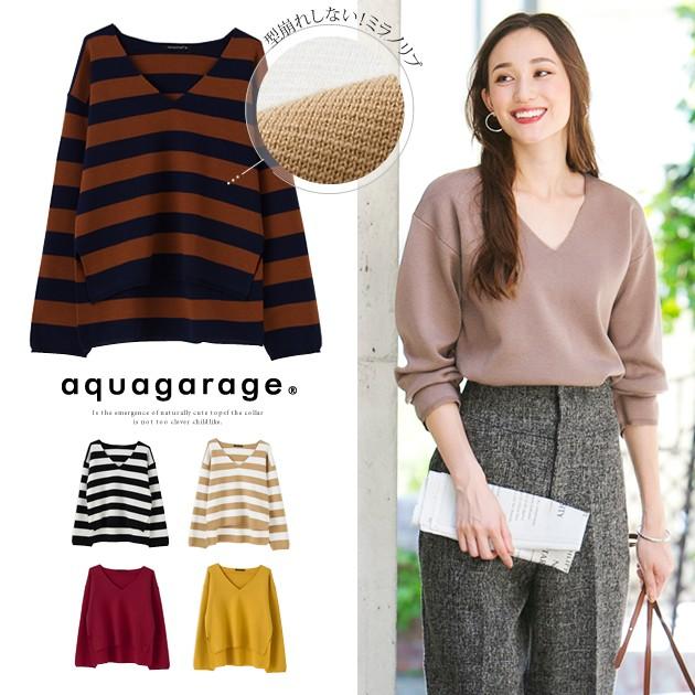 在庫限り 残りわずか ミラノリブニット 春 トップス レディース 長袖 Vネック ブラック ネイビー 無地 ボーダー M L Kw004 Aquagarage Yahoo 店 通販 Yahoo ショッピング