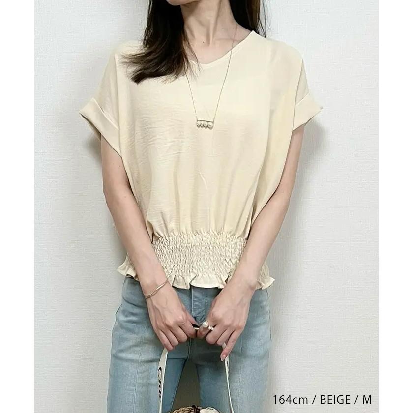 ブラウス レディース ウエストシャーリング 深Vネック 半袖 ブラック