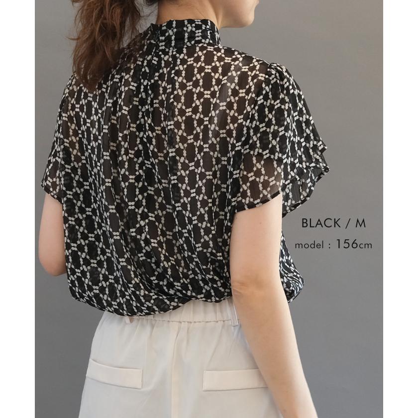 シャツ ブラウス 総柄シアーネックリボンブラウス 春 夏 秋 シャツ ブラウス 総柄シアーネックリボンブラウス 春 夏 秋