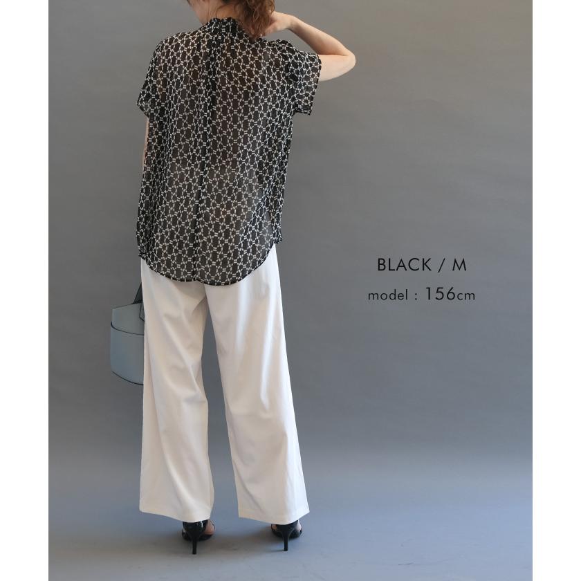 シャツ ブラウス 総柄シアーネックリボンブラウス 春 夏 秋 シャツ ブラウス 総柄シアーネックリボンブラウス 春 夏 秋