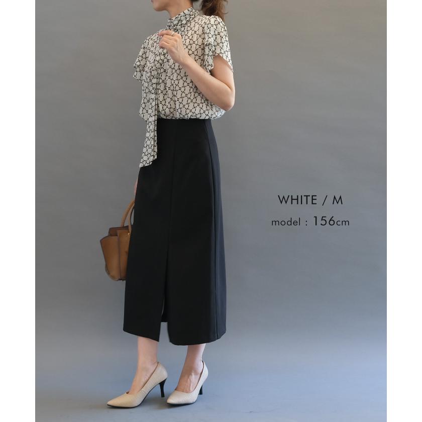 シャツ ブラウス 総柄シアーネックリボンブラウス 春 夏 秋 シャツ ブラウス 総柄シアーネックリボンブラウス 春 夏 秋