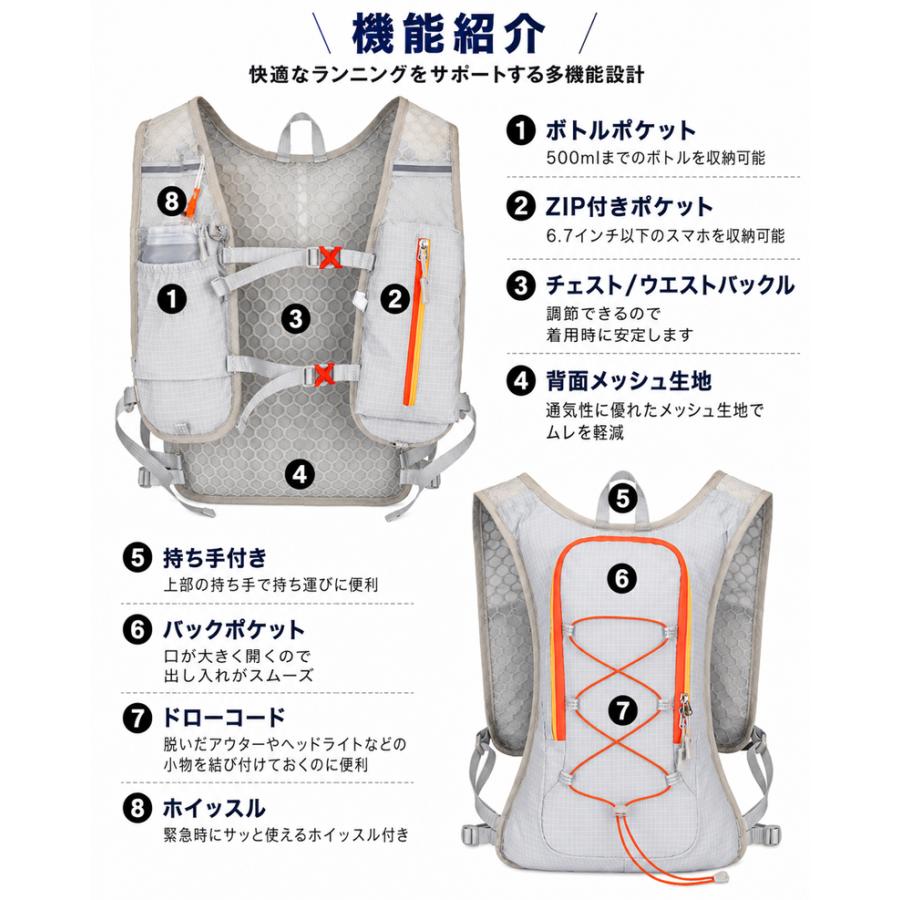 ランニングバックパック 3L 超軽量 防水 500mlボトル収納 多機能 通気性メッシュ 反射材付き ハイドレーション対応 スマホ収納 ジョギング マラソン トレイル用 |  | 04