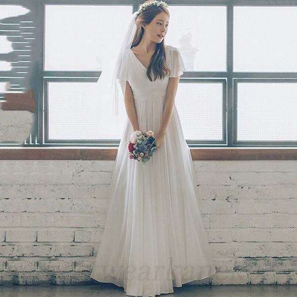 マキシワンピース ウエディングドレスシフォン 韓国風 オシャレ ゆったり 通勤 エレガント 大人 上品 可愛い 着痩せ 旅行 可愛い エレガント Aライン 白 ロング丈 旅行 海デートvネック C るりことばストア