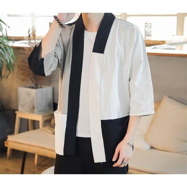 和装 メンズ カーディガン 着物 七分丈 切替 浴衣 和服 綿麻 カジュアル 春夏秋 New Arrival