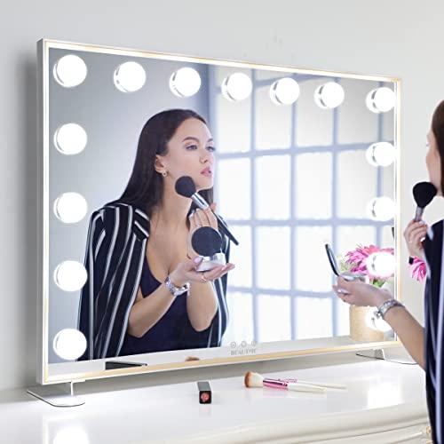 BEAUTME 化粧鏡 女優ミラー 卓上用 ハリウッドミラー 大型化粧鏡 3色照明モード 明るさ調節可能付き 10倍拡大鏡付き 750*180