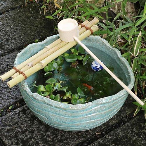 5ruru信楽焼 蹲 緑釉変形 つくばい（竹、柄杓付） しがらき焼 竹付き