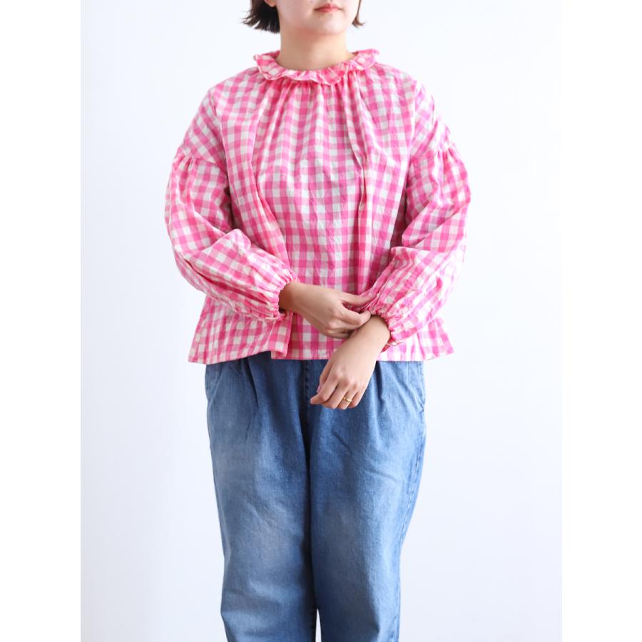 Gauze " GINGHAM PIERROT BLOUSE ( Pink / Navy / Black ) " G914ruru