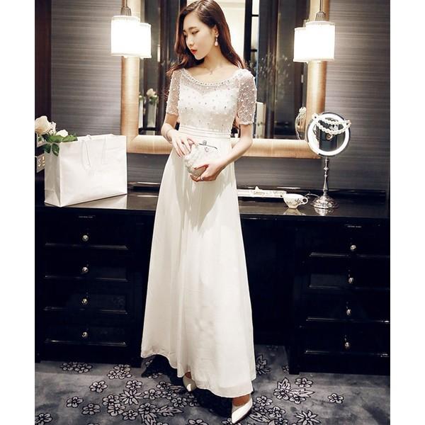 パーティードレス ワンピース 白 結婚式 ドレス 袖あり ウエディングドレス シフォンワンピース レディース 夏 ビーチ マキシ丈 ドレス おしゃれ New ルルランド 通販 Yahoo ショッピング