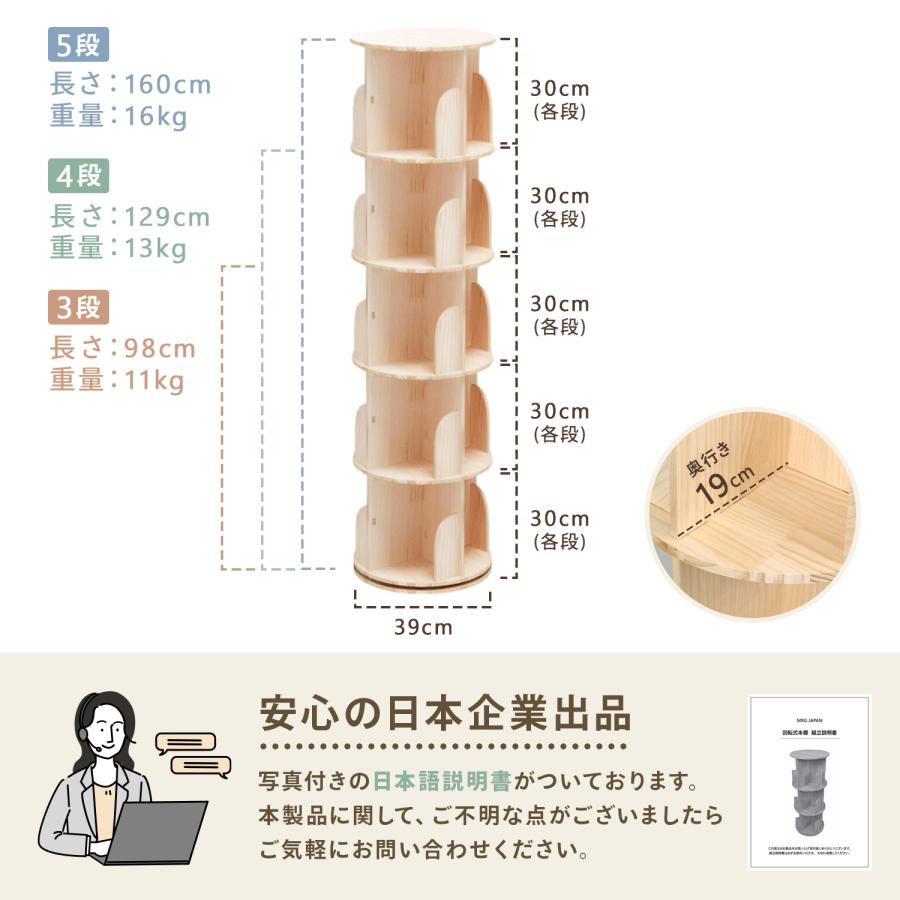 MRG JAPAN 本棚 回転 回転式本棚 3段 4段 5段 絵本ラック 木製 ブック