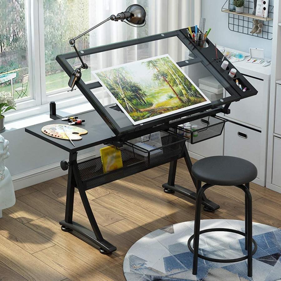 図面テーブル 高さ調節可能製図テーブル チルト可能なテーブルトップ アートライティング 読書ワークステーション オフィスや自宅用 定規、製図用品 