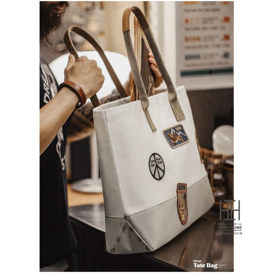 2way トートバッグ キャンバス メンズ レディース 大きめ A4サイズ対応 おしゃれ ワッペン 本革 大容量 横長 帆布 キャンバスバッグ 手提げバッグ プレゼント | ホームアイホーム | 02