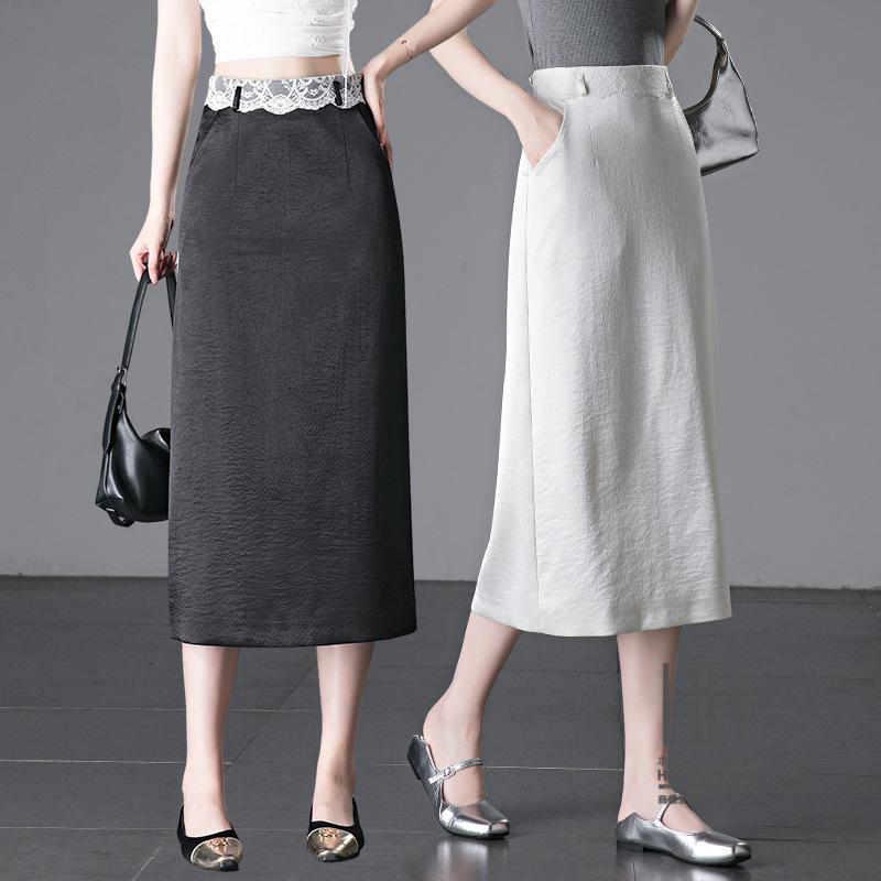 ロングスカート マキシ レース入り サテンスカート マキシ タイト 細身 スリム 体型カバー ロングスカート きれいめ 光沢感 ハイウエスト Iライン 美脚 通勤 | ホームアイホーム