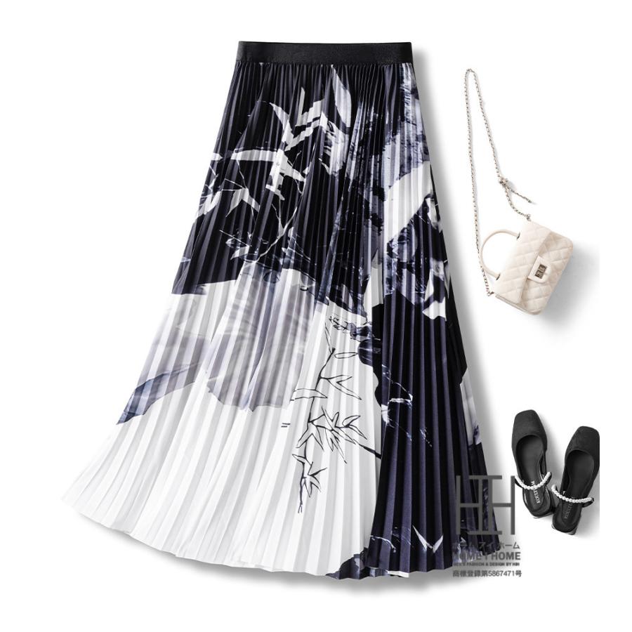 水墨画 プリーツスカート レディース 通気性 清涼 Aライン 体型カバー 脚長 着痩せ ウエストゴム 涼しい リラックス ストレスフリー カジュアル フレア | ホームアイホーム
